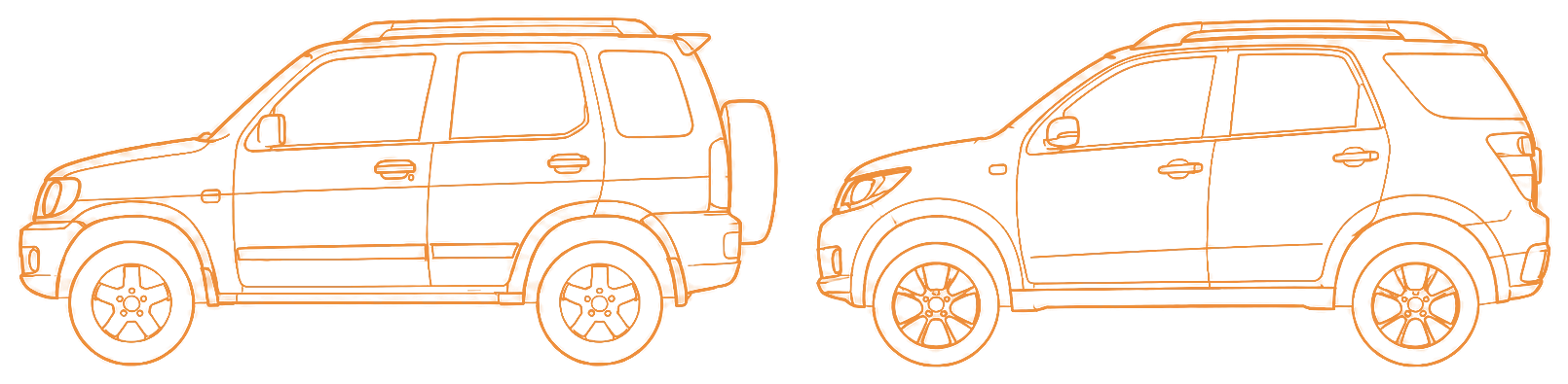 Оба поколения Daihatsu Terios — J100/J102 слева и J200 справа